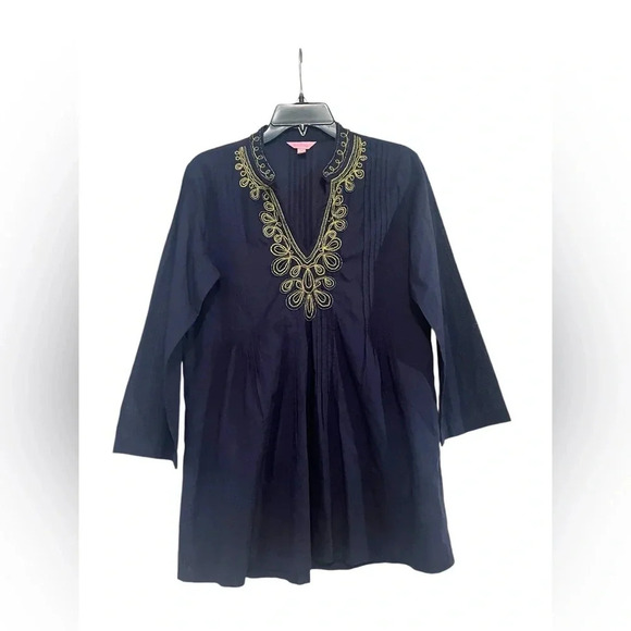 Lilly Pulitzer Sarasota Tunic True Navy Gold BEADED Top Small S - Picture 2 of 9
